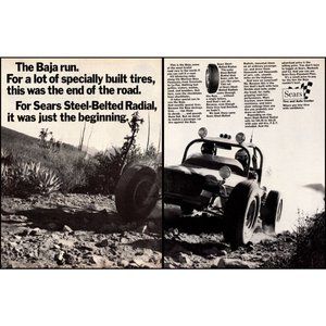 1970 Sears Tire Center Baja Run 2 Page Vintage Print Ad Dune Buggy Race Wall Art